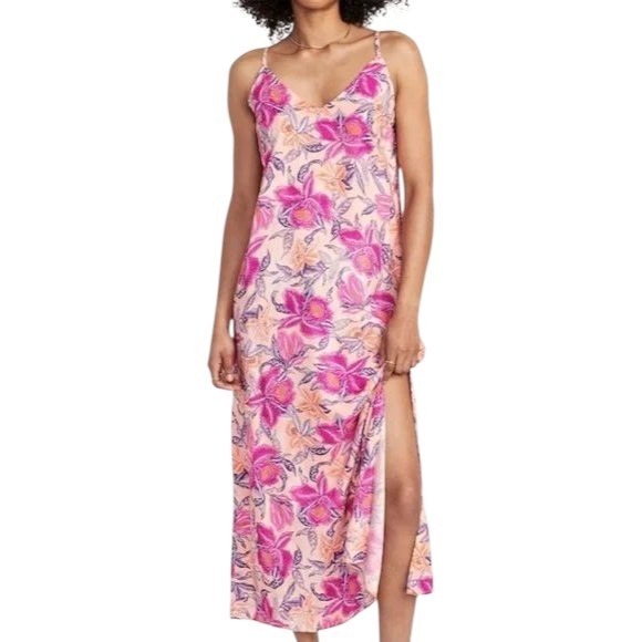 Old Navy Tie Back Maxi Slip Dress Medium Floral Beach Side Slit Resort Vacation - Picture 1 of 13
